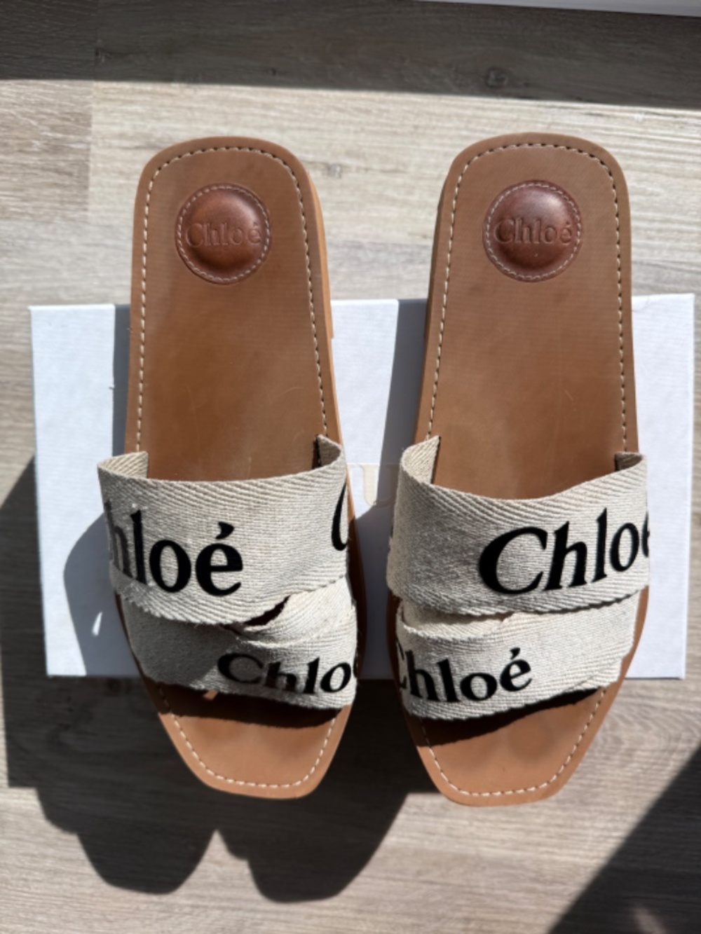 Chloé Woody Logo Canvas Flat Slide Sandals White Size 42 With Box
